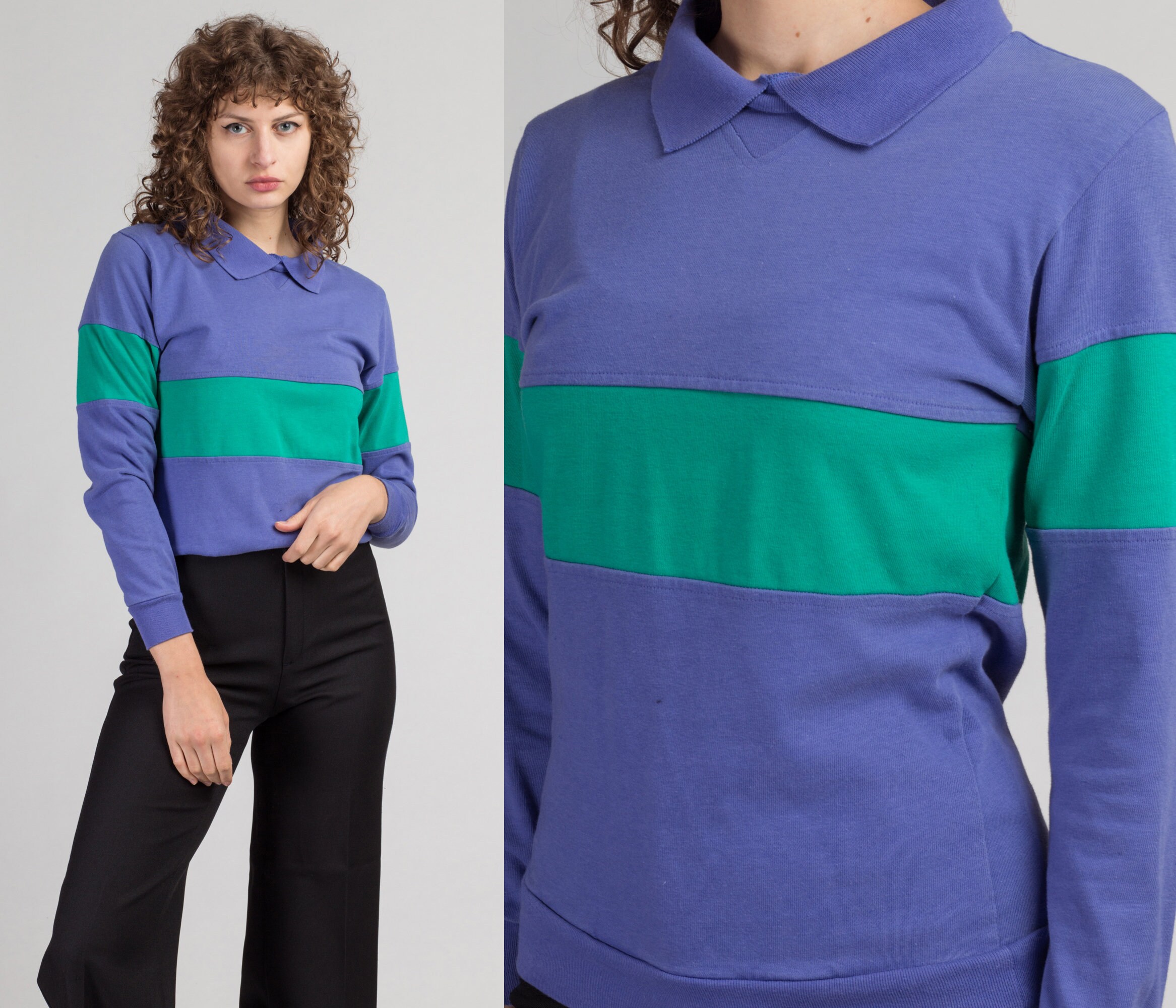80s Striped Color Block Collared Shirt 