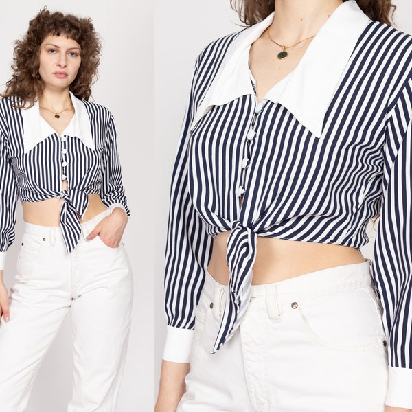 Medium 80s Blue & White Striped Cropped Chelsea Collar Blouse | Vintage Long Sleeve Tie Front Secretary Crop Top