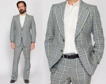 Medium 70s Blue Plaid Suit Set | Vintage Jacket & Bootcut Trousers Matching Two Piece Formal Outfit