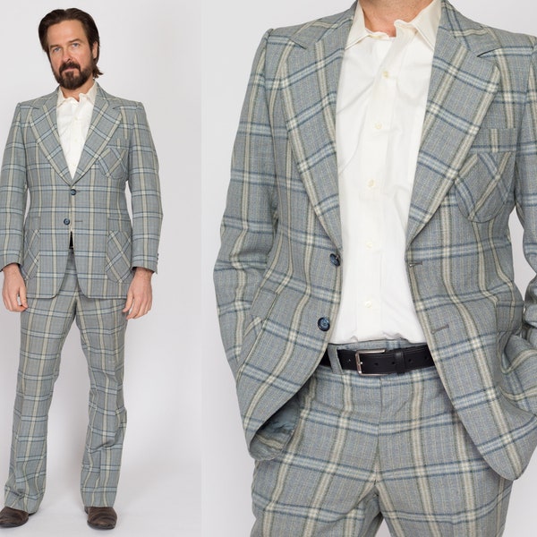 Medium 70s Blue Plaid Suit Set | Vintage Jacket & Bootcut Trousers Matching Two Piece Formal Outfit