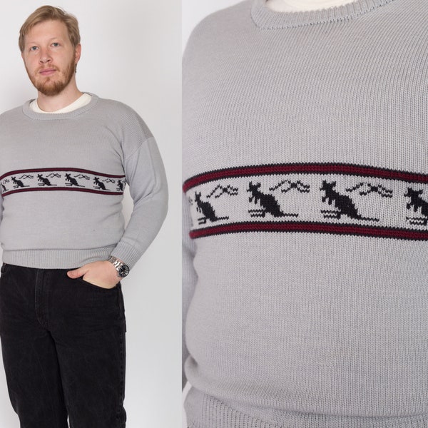 Large 70s Kangaroo Grey Knit Sweater | Vintage Hand-Knit Wool Novelty Animal Pullover Jumper