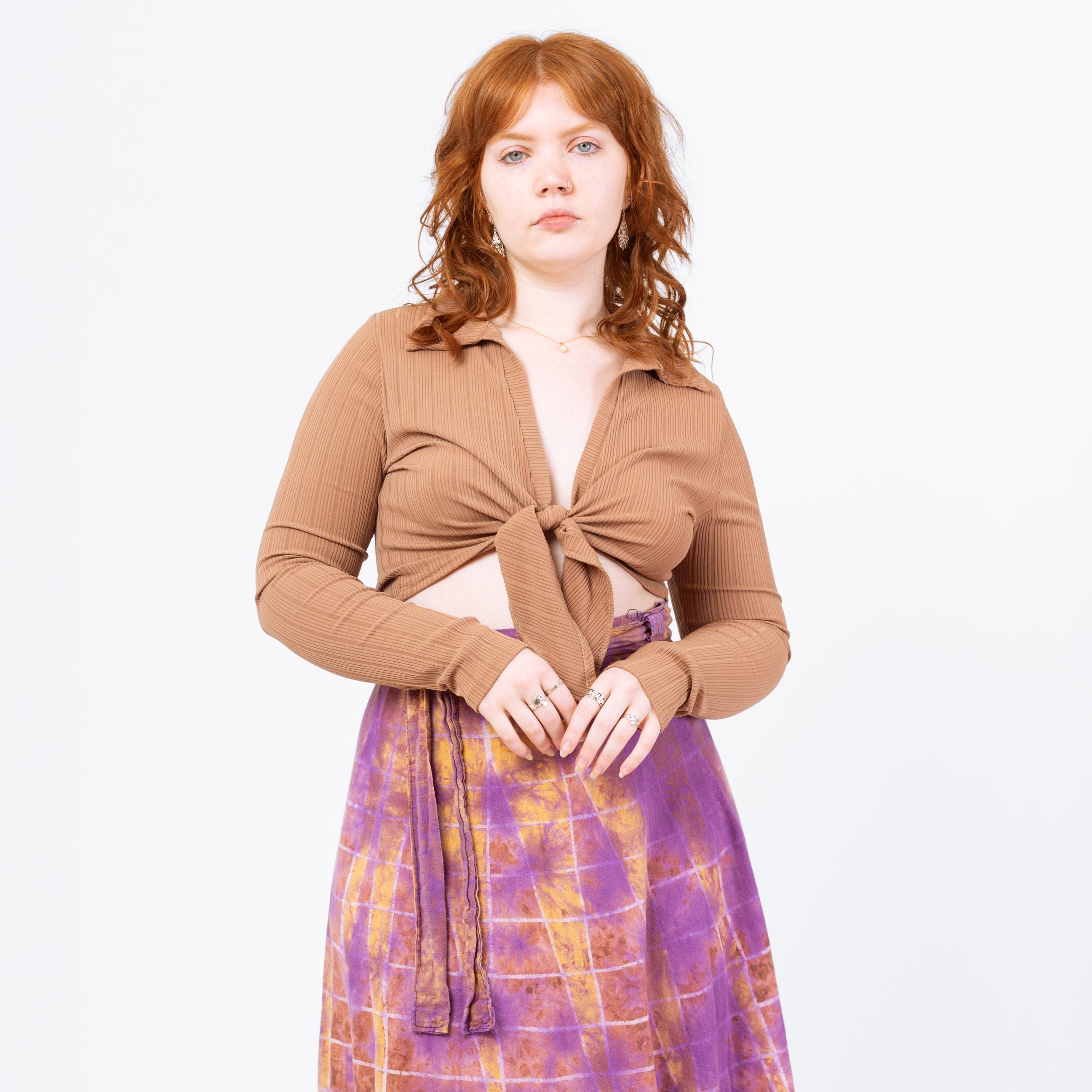 Vintage Y2K Tan Tie Front Crop Top - Large | Minimalist Long