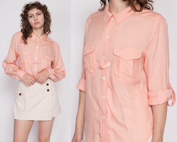 Large 80s Peach Silk Blend Cuffed Sleeve Blouse |… - image 1