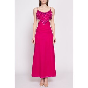 XS 90s Hot Pink Silk Sequin Showgirl Evening Gown As Is Vintage Backless Cutout Sleeveless Formal Maxi Dress image 2