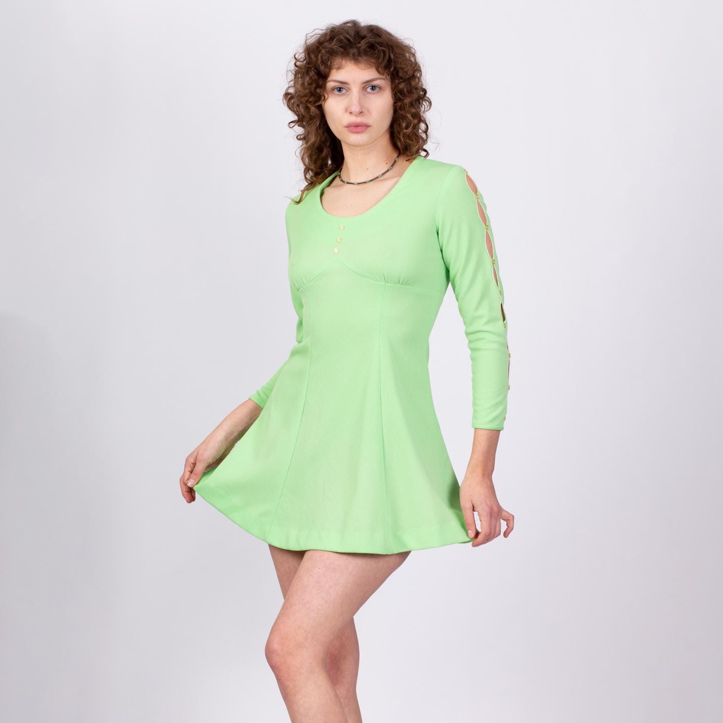 Small 60s 70s Mint Green Diamond Cut Out Sleeve Mini Dress