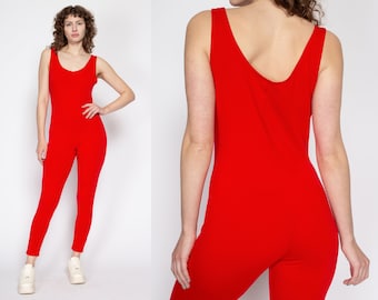 XL 90s Plain Red Fitted Unitard | Vintage Sporty Stretch Scoop Neck Jumpsuit