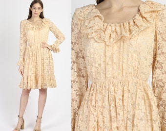 XS 60s 70s Jack Bryan Peach Lace Ruffle Mini Dress | Vintage Floral Lettuce Edge Hem Boho Party Dress