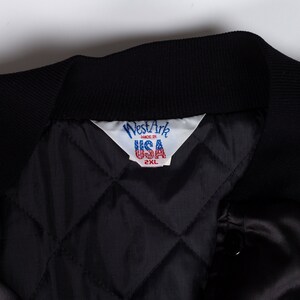 80s Paralyzed Veterans Racing Team Varsity Jacket Men's 2XL Vintage Black Satin Striped Trim Snap Button Windbreaker image 7