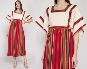 70s Boho Woven Striped Peasant Dress | Vintage Hippie Split Bell Sleeve Smock Midi Sundress
