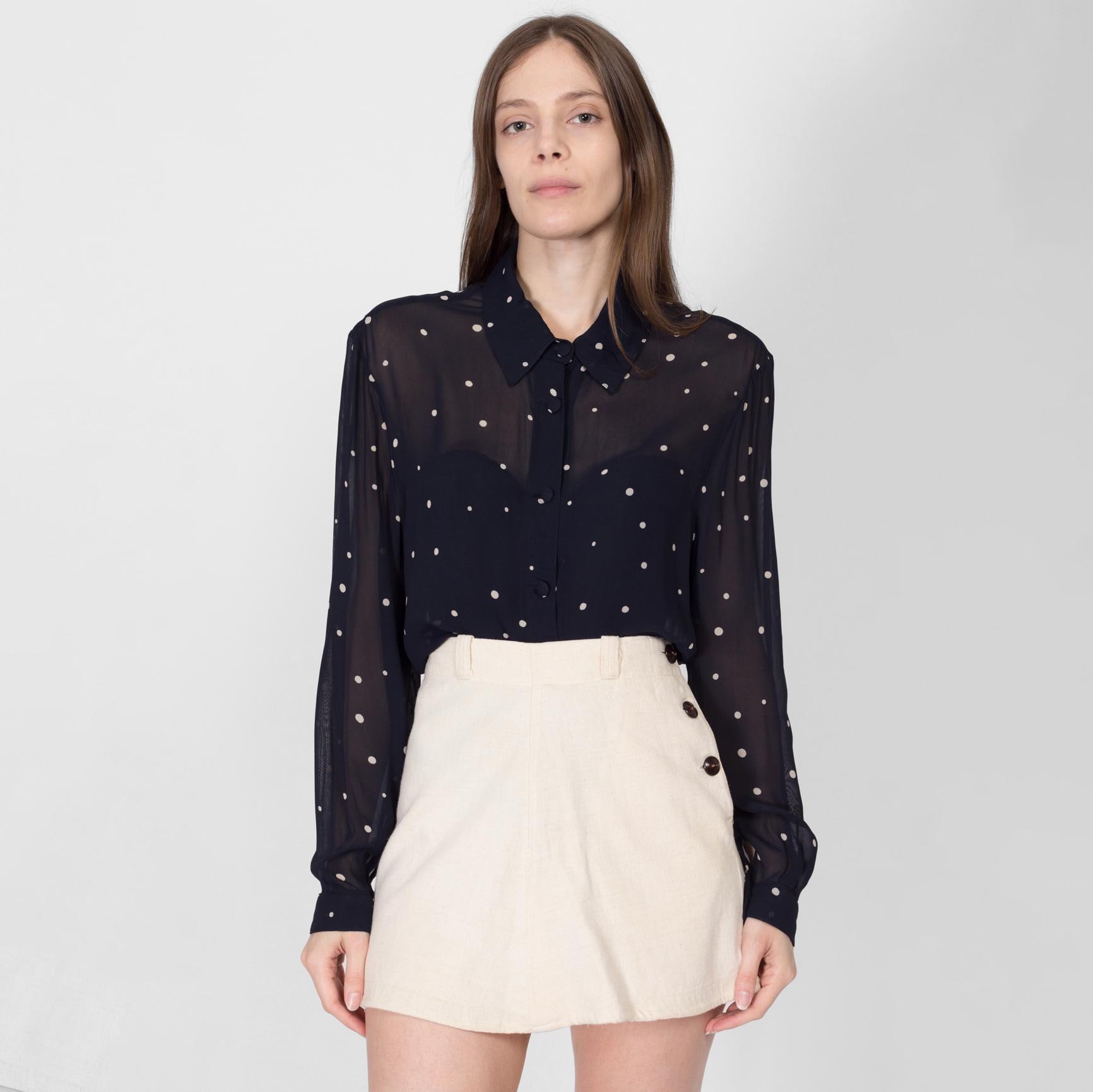 XL 90s Sheer Midnight Blue Polka Dot Blouse | Vintage Boho