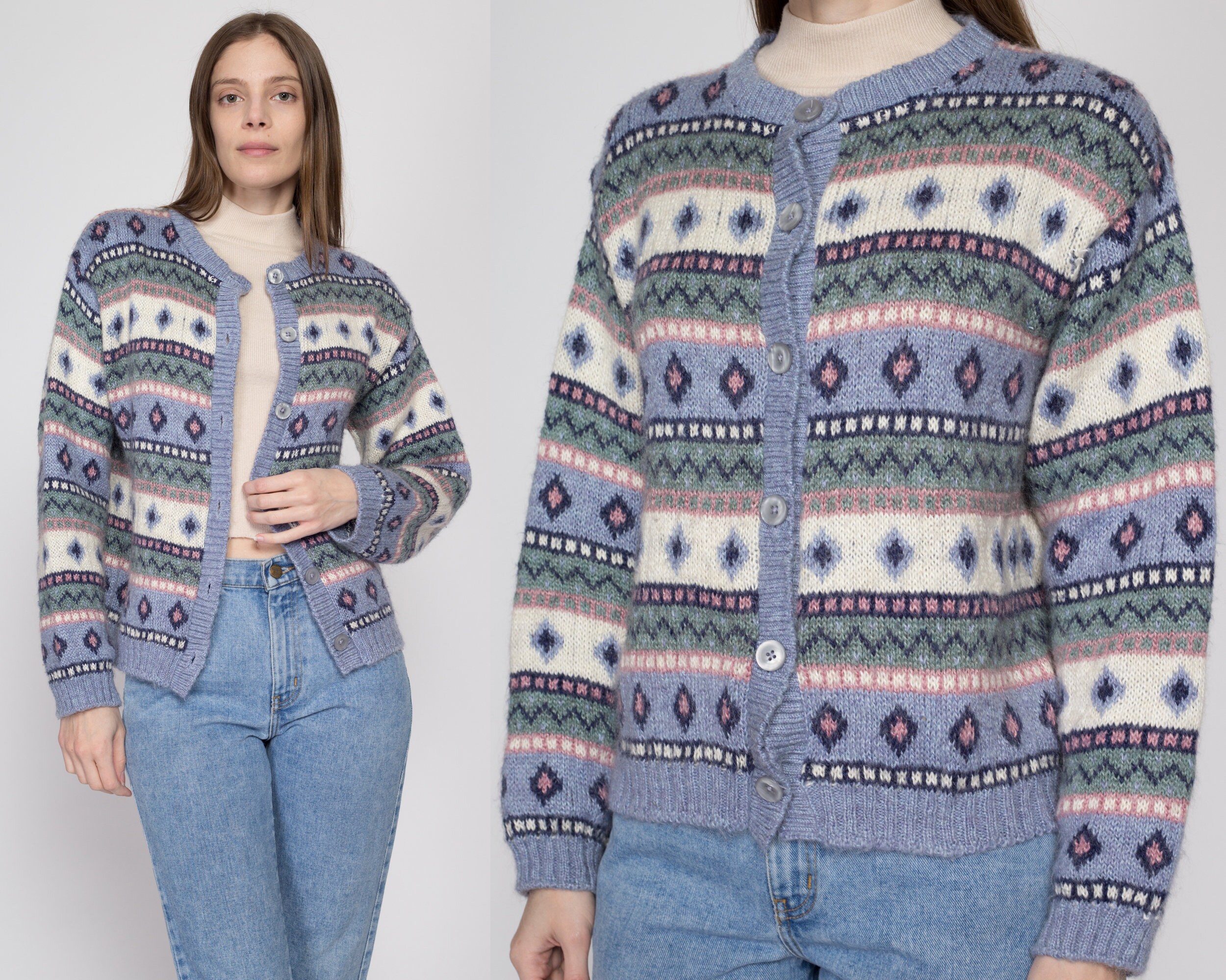 Medium 90s LL Bean Pastel Fair Isle Cardigan | Vintage Mohair