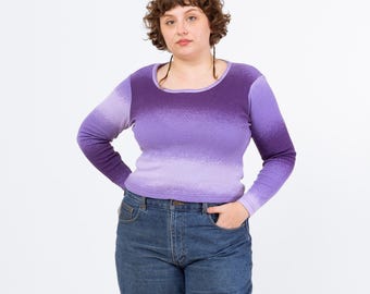Vintage 90s Purple Gradient Long Sleeve Top - Extra Large | Ombre Stripe Scoop Neck Fitted Y2K Shirt