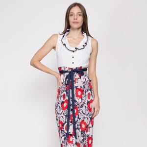 Sm-Med 60s Red White & Blue Floral Maxi Dress | Vintage Empire Waist Boho Hostess Dress