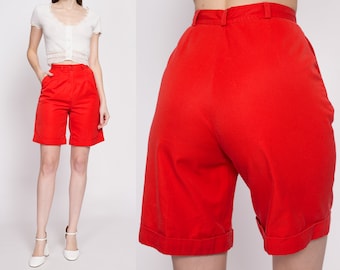 80s Red High Waisted Cuffed Shorts Extra Small, 24" | Vintage Pleated Casual Long Shorts