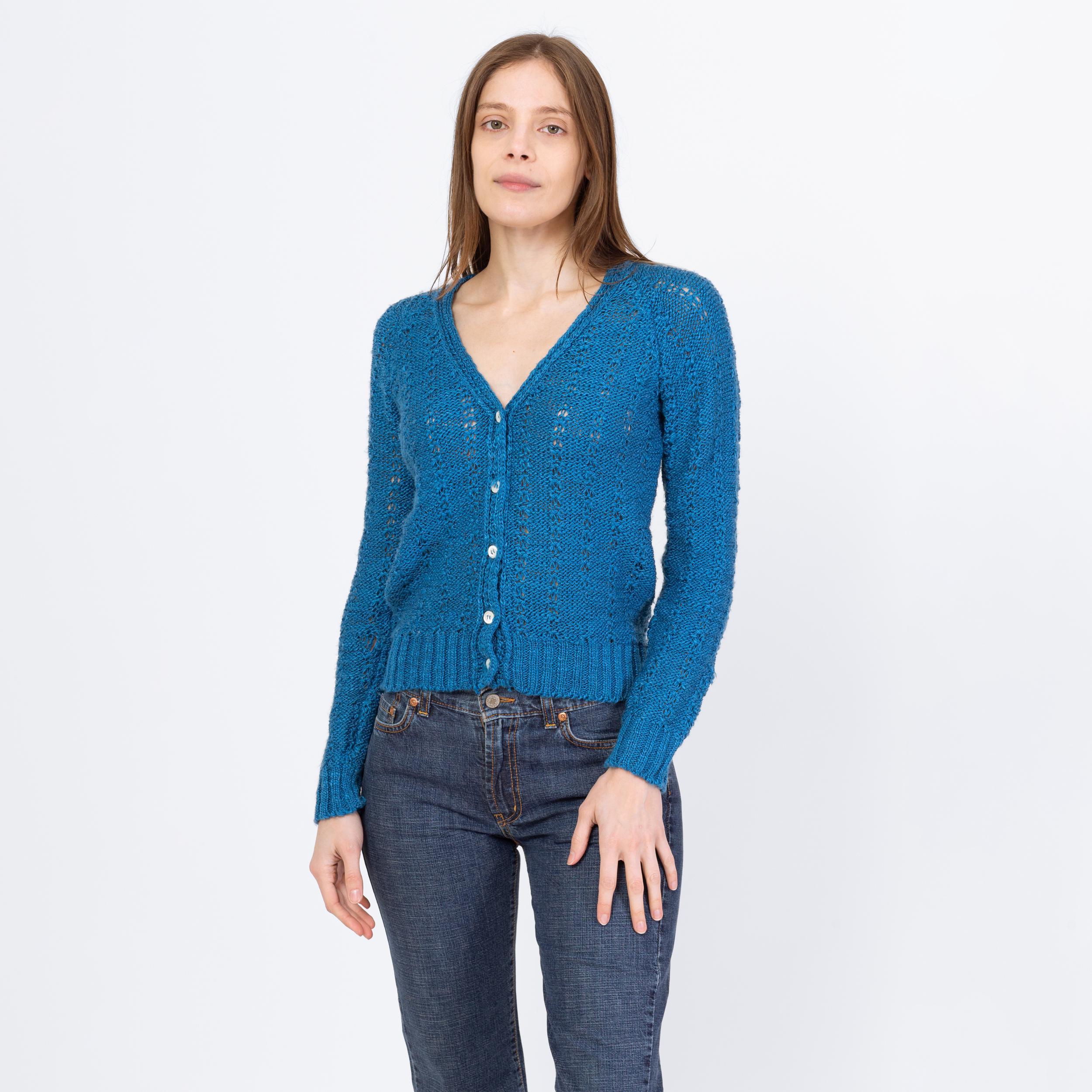 Vintage 80s Peacock Blue Cropped Cardigan - Small to Medium | Open