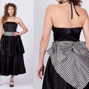 Vintage Gunne Sax Strapless Striped Satin Party Dress Medium 80s Black White Fit Flare Midi Prom Formal Gown image 1