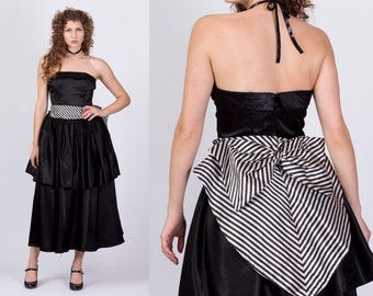 Vintage Gunne Sax Strapless Striped Satin Party Dress Medium | 80s Black White Fit Flare Midi Prom Formal Gown