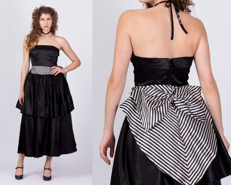 Vintage Gunne Sax Strapless Striped Satin Party Dress Medium 80s Black White Fit Flare Midi Prom Formal Gown image 1