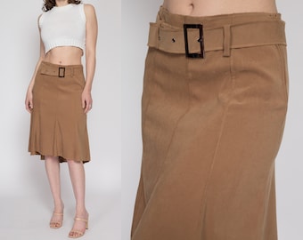 Medium 90s Brown Belted High-Low Midi Skirt 30" | Vintage High Waisted A Line Skirt