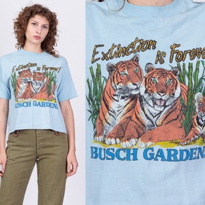 Large 80s "Extinction Is Forever" Tiger Crop Top Tee | Vintage Blue Busch Gardens Graphic Animal Tourist T Shirt