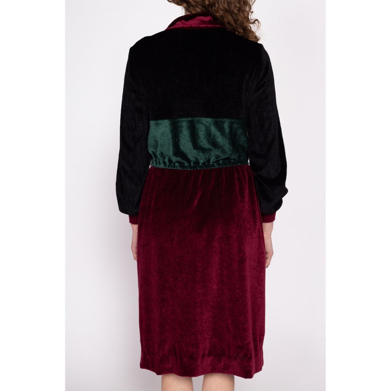 70s Jewel Tone Velour Midi Shirtdress Medium to Large Vintage Color Block Long Sleeve Collared Dress image 5