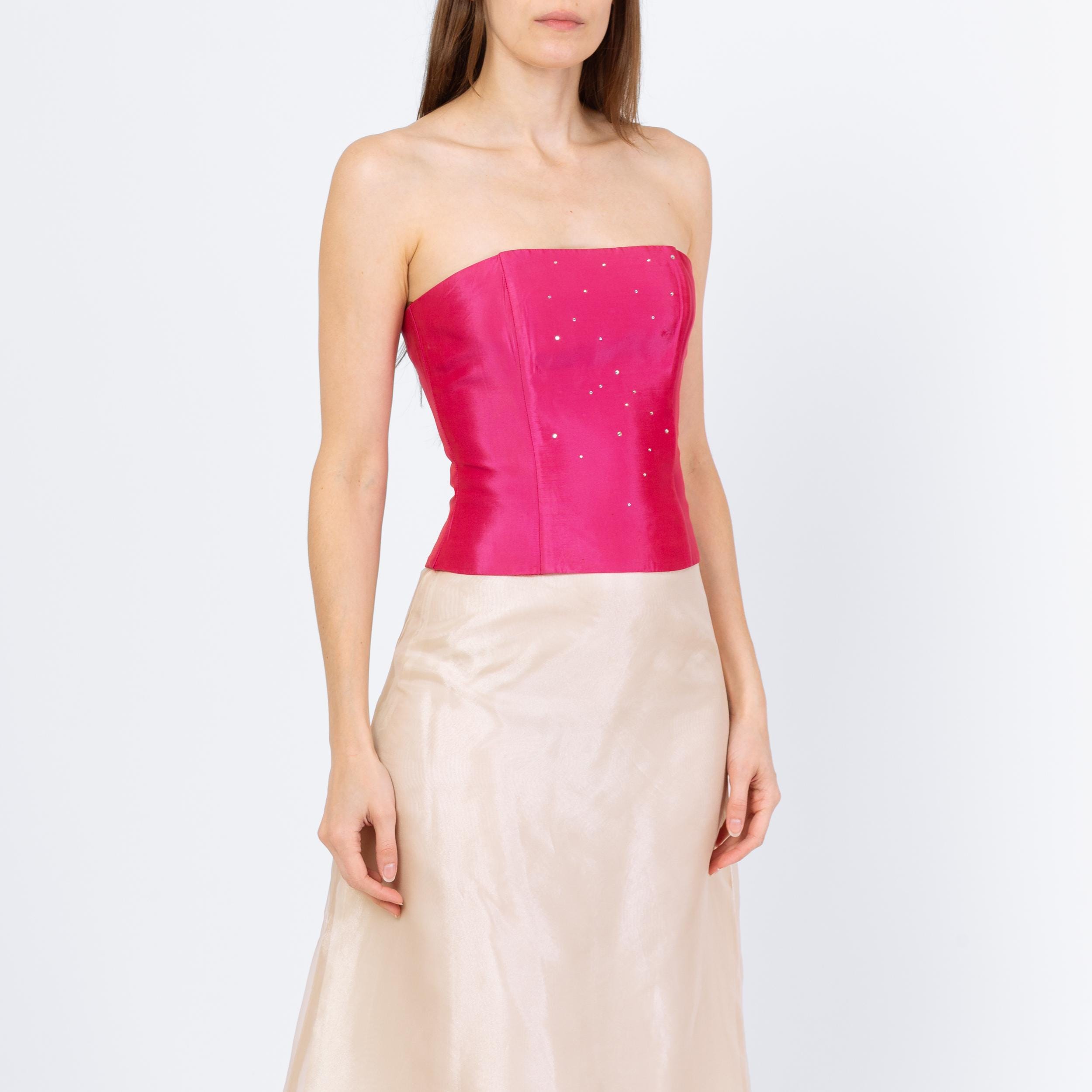 Vintage 90s Gunne Sax Hot Pink Jeweled Satin Bustier - Extra Small