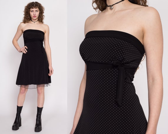 90s Y2K Black Polka Dot Strapless Party Dress Med… - image 1