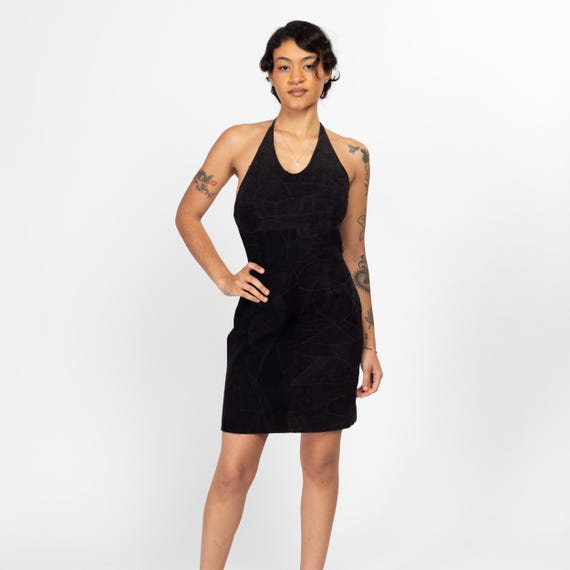 Medium 90s Black Suede Patchwork Halter Mini Dres… - image 1