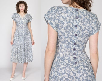 Small 90s Boho Blue Floral Lace Collar Midi Dress | Vintage V Neck Fit & Flare Button Back Rayon Grunge Dress