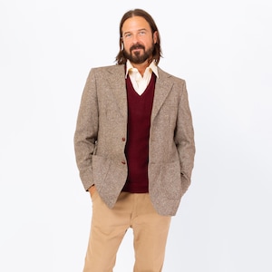 Vintage 70s Grey Tweed Elbow Patch Sport Coat - Medium | Preppy Single Breasted Suede Trim Blazer Suit Jacket