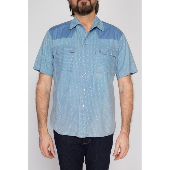 Large 70s Blue Pearl Snap Western Shirt | Vintage… - image 3