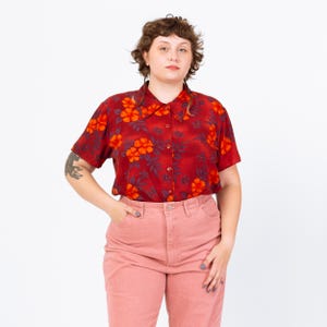 Vintage 90s Red Tropical Floral Soft Rayon Blouse - Extra Large | Short Sleeve Button Up Collared Top, Boho Hawaiian Aloha Shirt