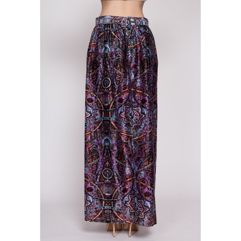 Medium 70s Psychedelic Maxi Skirt 29 Vintage Boho Purple Abstract Print Felt High Waisted A Line Skirt image 6