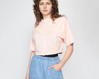 80er Jahre Pfirsich Knopfsaum Crop Top - Medium | Vintage Cropped Boxy Kurzarm T-Shirt
