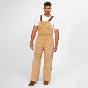 38x32 90s Carhartt Insulated Quilt Lined Overalls | Vintage Union Made In USA Faded Tan Distressed Workwear Jumpsuit