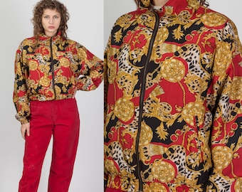 Lrg-XL 80s Baroque Silk Windbreaker Unisex | Vintage Gold Red Retro Zip Up Bomber Jacket