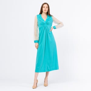 Vintage 70s Turquoise Sheer Sleeve Maxi Dress - Medium | Blue Long Sleeve Empire Waist Gown, 1970s Disco Party Prom Dress