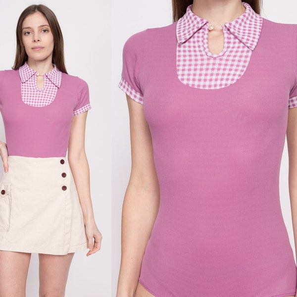 Small 60s 70s Purple Gingham Bodysuit Top / Vintage Ribbed Short Sleeve Collared Shirt