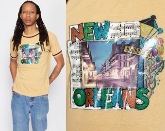 Large 80s New Orleans Bourbon Street Ringer T Shirt | Vintage Glittery Iron On Graphic Tourist Tee