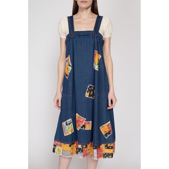 Small 70s Boho Denim Patchwork Pinafore Dress Vintage A Line Sleeveless Jean Midi Tent Dress Etsy Australia