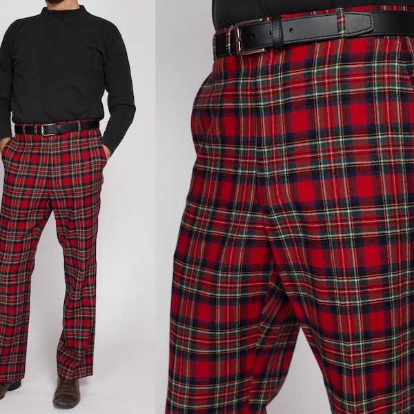 33" Waist 70s Red Plaid Wool Trousers | Retro Vintage Men's High Waisted Bootcut Pants