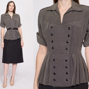 Small 1940s Black & White Striped Peplum Secretary Dress Vintage 40s Cuffed Short Sleeve Midi Dress image 1