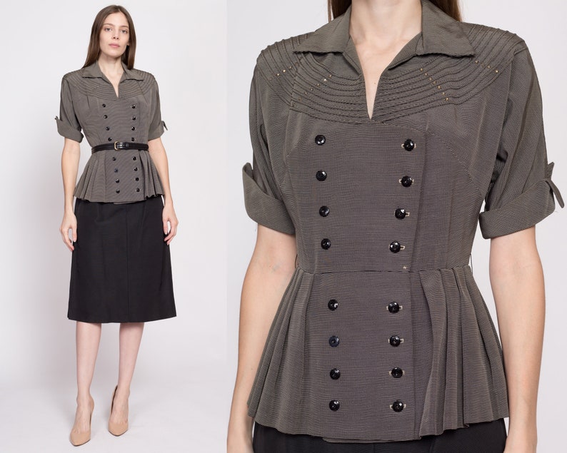 Small 1940s Black & White Striped Peplum Secretary Dress Vintage 40s Cuffed Short Sleeve Midi Dress image 1