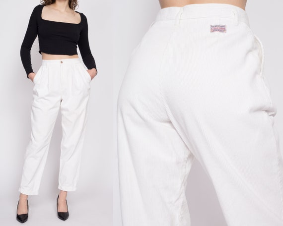Medium 80s White Corduroy High Waisted Pants 27.5 Vintage Pleated
