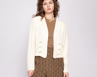 80s Ivory Rosette Bolero Medium | Vintage Cropped Slouchy Open Fit Jacket