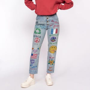 Small 90s Guess Hand Painted Graffiti Jeans 26&quot; | Vintage High Waisted Acid Wash Denim Mom Jeans