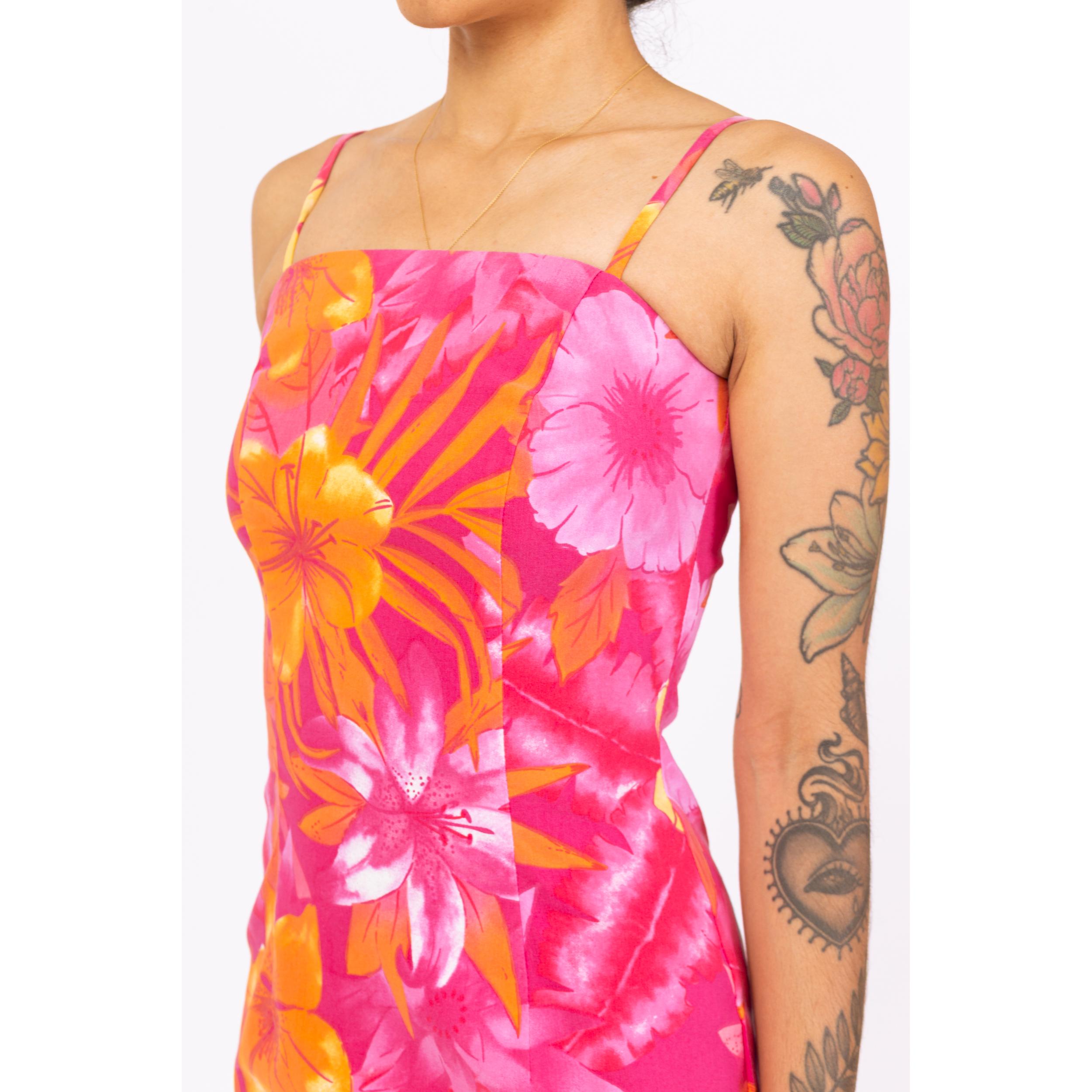 Vintage 90s Pink & Orange Tropical Floral Mini Dress - Extra Small | Boho Summer Sundress, Spaghetti Strap Beach Vacation Party Dress