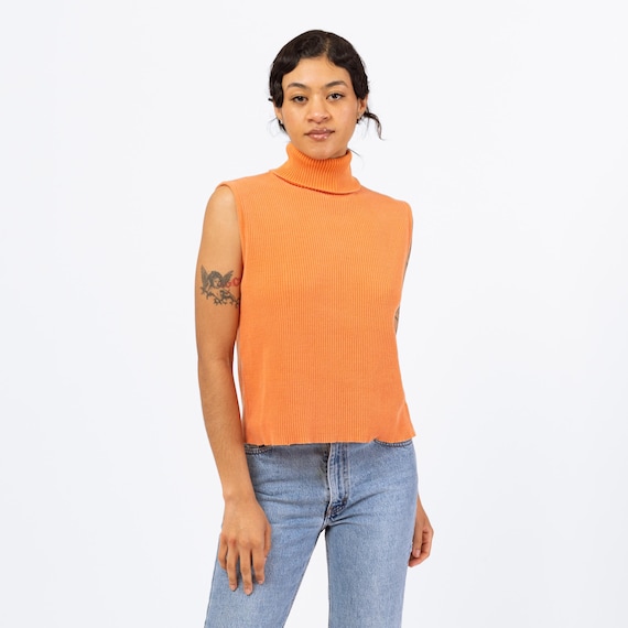 Vintage 90s Apricot Orange Knit Sleeveless Turtleneck - Small