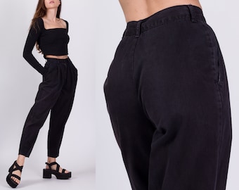 XXS 80s Black Bongo Mom Jeans 22.5" | Vintage High Waisted Tapered Leg Loose Fit Pleated Cotton Twill Pants