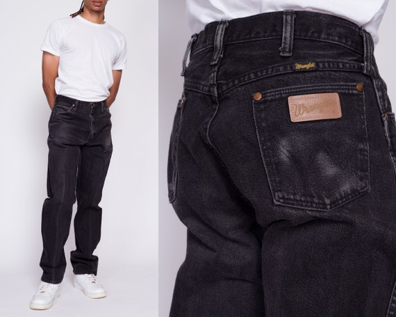 33x36 70s 80s Wrangler Black Jeans Vintage Faded Denim Distressed